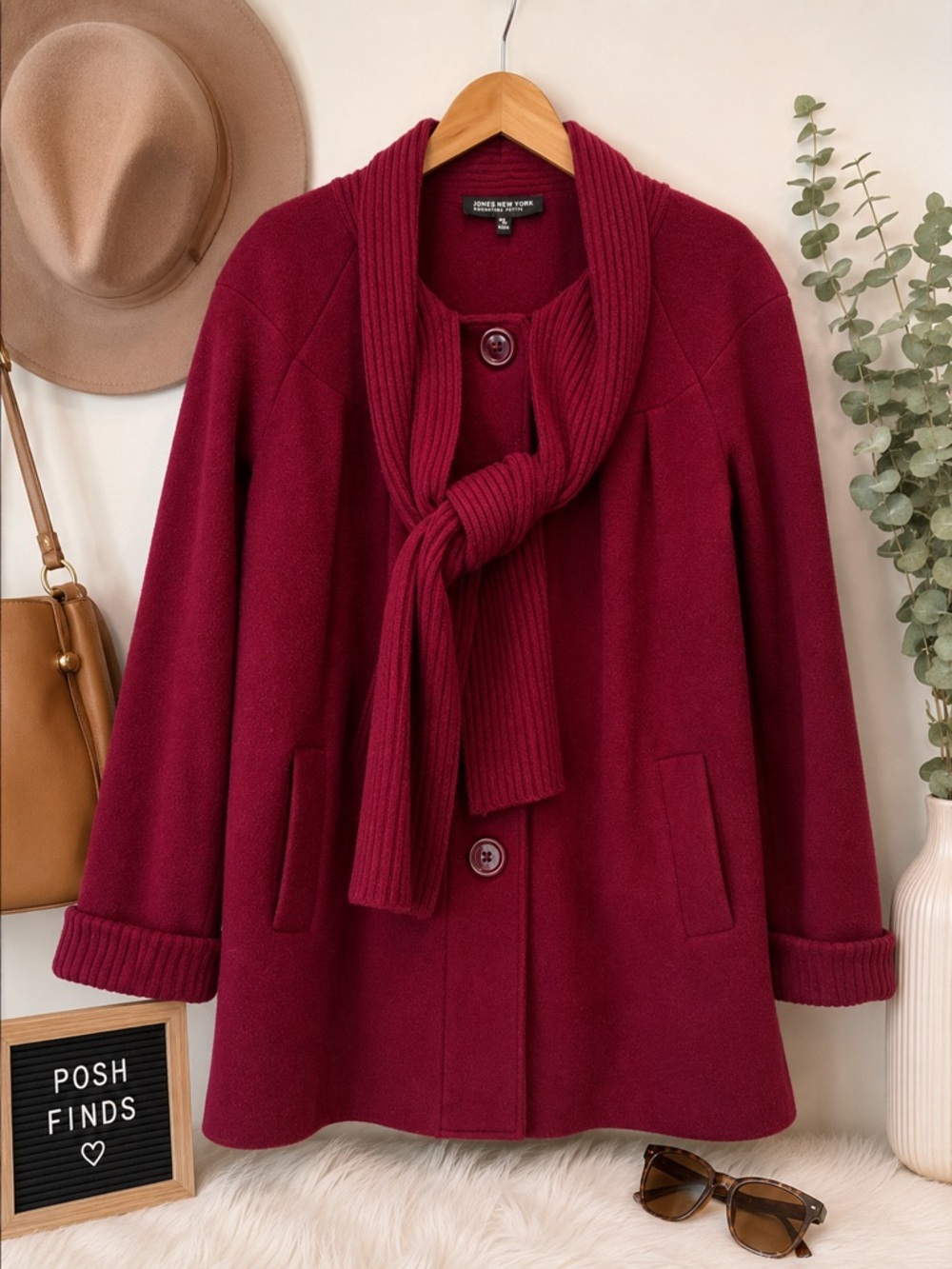 Jones New York Burgundy Wool Blend Coat Attached Scarf Swing Jacket PM
